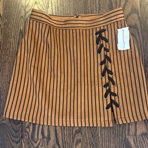 French Kiss Striped Tan and Black Lace-Up Faux Suede Mini Skirt Size Medium